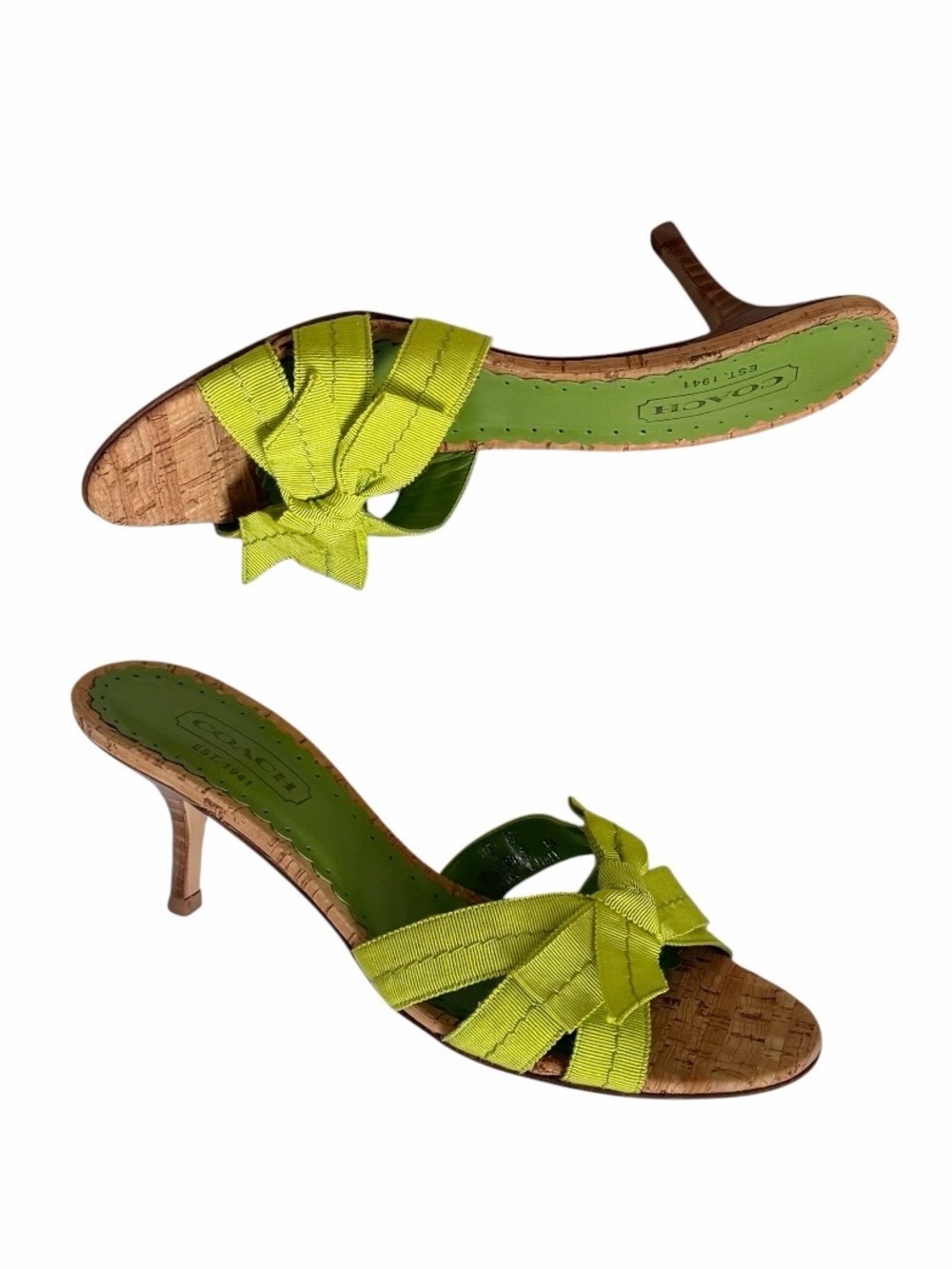 Coach Green Grosgrain Bow Kitten Heel Bree Mule Sandals Size 7 - Picture 6 of 9